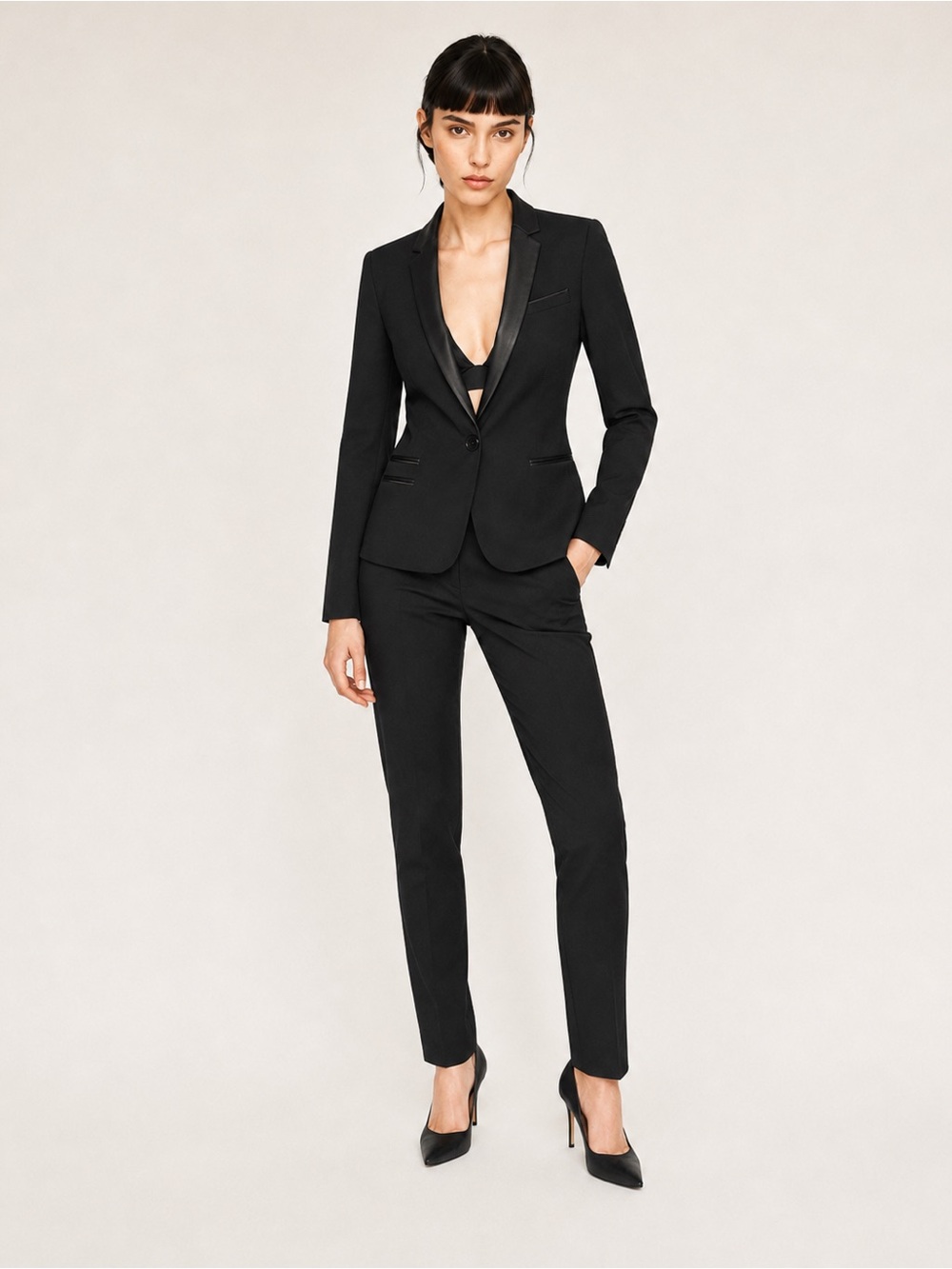 Zara Basic Black Tuxedo Blazer Faux Leather Lapel Tailored Jacket XS